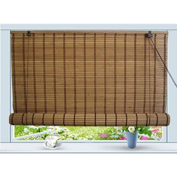 rolling bamboo blinds with beautiful flowers outside